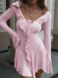 New arrival:  -style elegant ruffle trim bodycon mini dress - solid color flared long sleeve tie-up dress