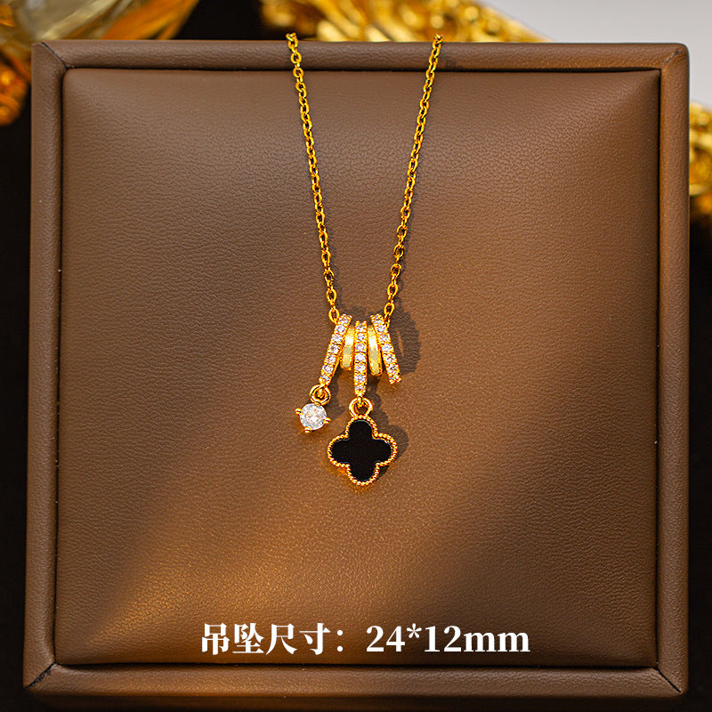 Copper inlaid zirconium four-leaf clover necklace for women, titanium steel real gold plating popularinsfashion flower exquisite sweater chain jewelry