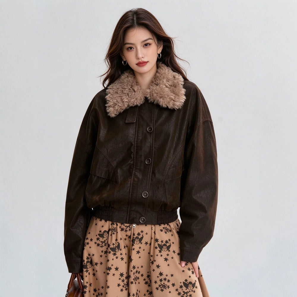 european and american cross-border trade quilted detachable fur collar leather jacket women's autumn/winter patchwork warm short coat