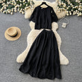 French chic lace-trimmed bubble sleeve top & high-waisted midi skirt two-piece set - slimming look
