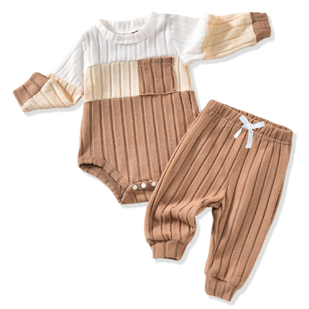 Baby boy & girl casual ribbed knit patchwork long sleeve top and pants set - spring/autumn collection