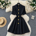 Xiaoxiangfengclassy contrast colorbows strappy long sleevesdress women's metal buckle waist slimming lookknitting short skirt