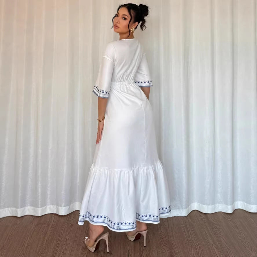 new cross-border v-neck lace trimmed waist elegant ruffle hem dress