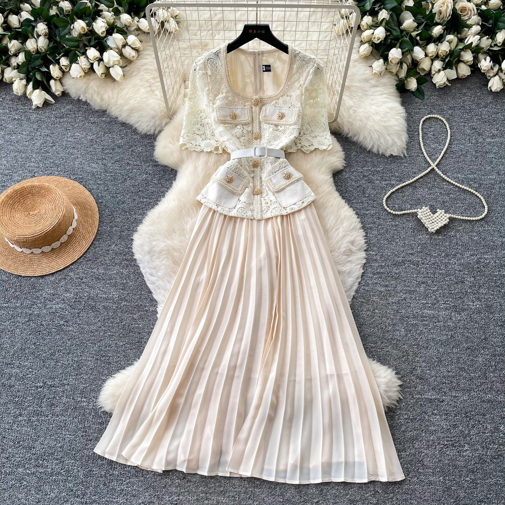 Elegant red lace short-sleeve patchwork dress - women's summer high-end commute style with pleated skirt