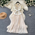 Elegant red lace short-sleeve patchwork dress - women's summer high-end commute style with pleated skirt