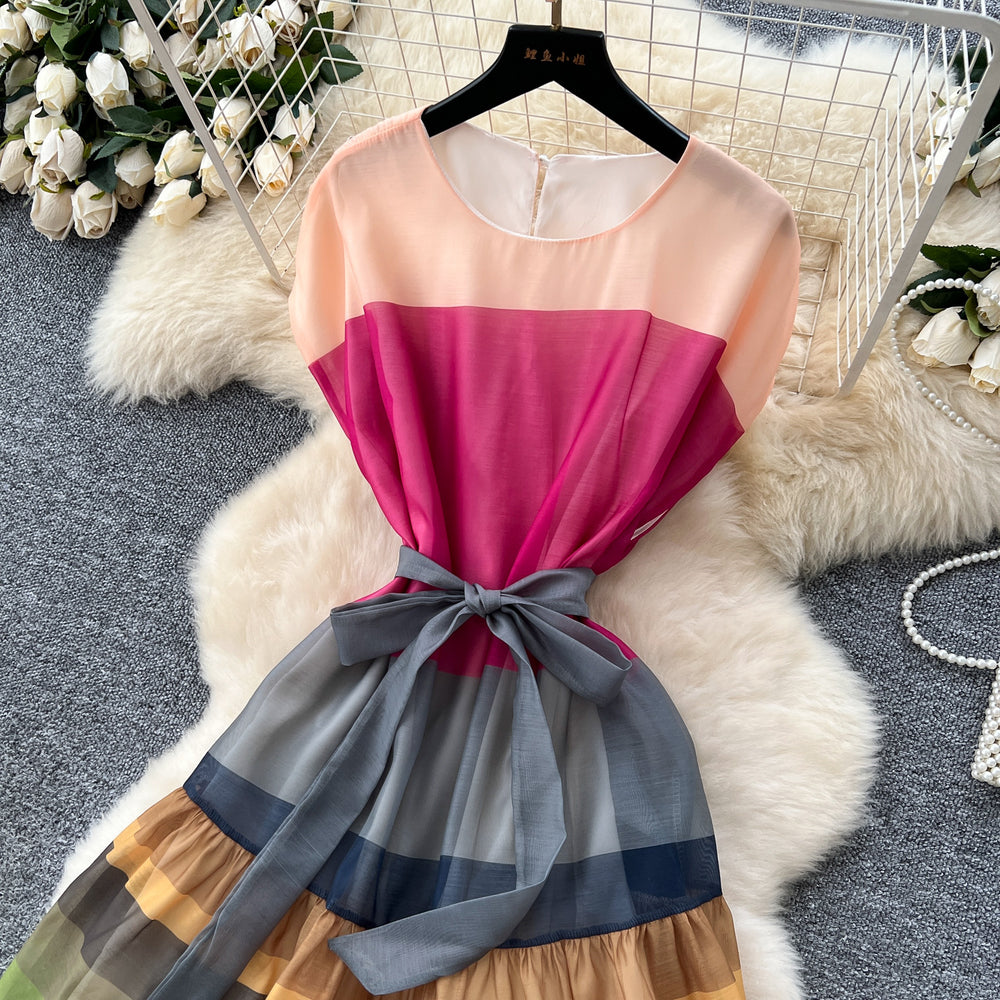 2025 summer women's french chic dress - high-end tie-waist, color block, ruffle hem maxi dress