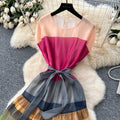 2025 summer women's french chic dress - high-end tie-waist, color block, ruffle hem maxi dress