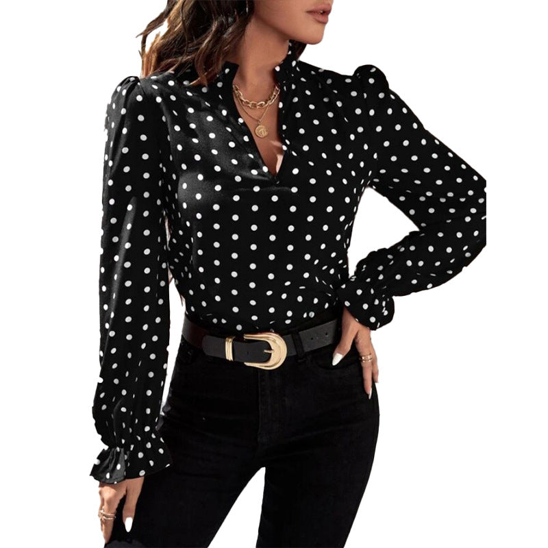 Cross-border 2025 fashion trend  independent station printed pullover short polka dot long-sleeved top European and American women's clothing