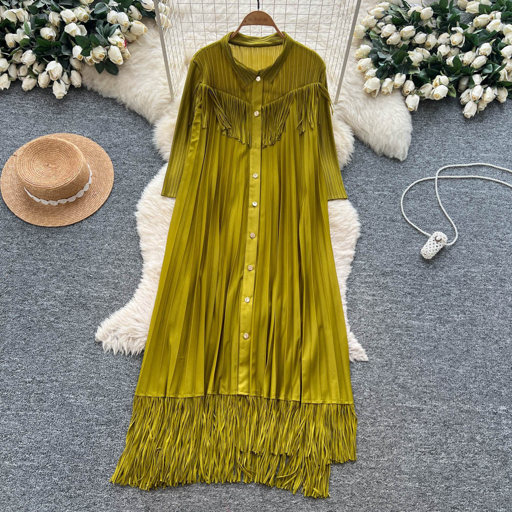 Elegant and chic tassel-trimmed loose-fit dress - women's commute-ready, high-end, slimming a-line long-sleeve shirt dress