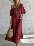 cross-border fashion summer women's solid color loose shoulder retrolong cotton and linen dress