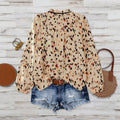 fashionretro spotted shirt, light khaki bottom, colorful leopard print, stand-up collar, ribbon patchwork, lotus leaf looselong sleeves