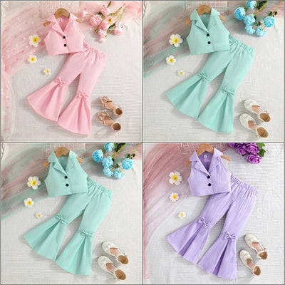 summer new sleeveless cropped top + solid color bowknot flare pants two-piece set - ready stock wholesale