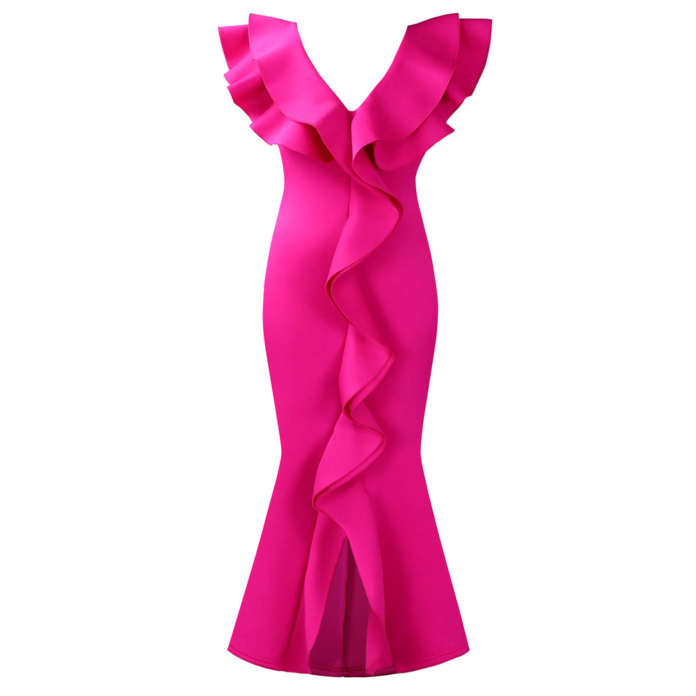 C8634 european and american cross-border fashion women's  summer dress - solid color v-neck ruffle hem slit mermaid maxi dress