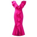 C8634 european and american cross-border fashion women's  summer dress - solid color v-neck ruffle hem slit mermaid maxi dress