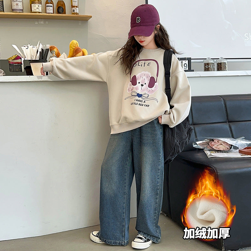Girls' winter sweatshirt  new style kids' fashionable autumn outfit big kids' spring and autumn fleece-lined pullover loose top