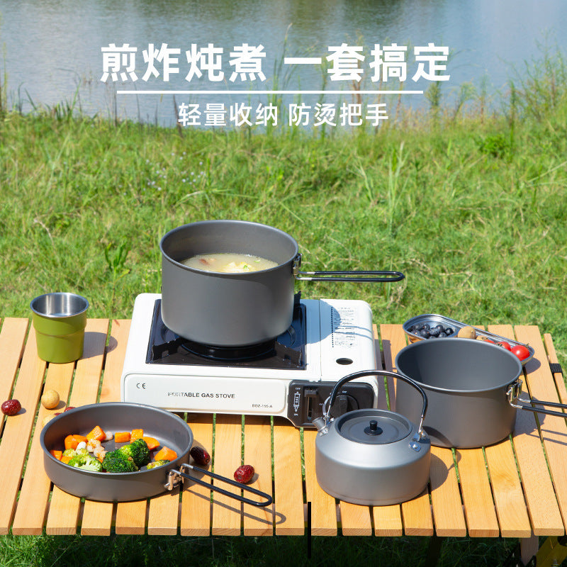 Outdoor cookware set: kettle, frying pan, cooking pot - camping gear, camping cookware, portable foldable cookware for portable stoves (e.g., butane stoves)