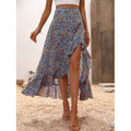 Women's floral high-waisted midi skirt with asymmetrical ruffle hem and slit – perfect for spring/summer vacation and casual wear