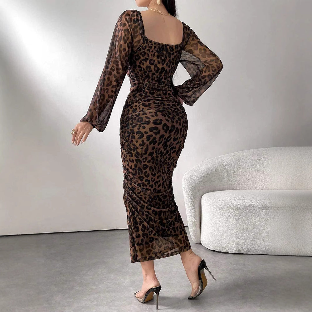 European and american tk cross-border new arrival: leopard print mesh fabric printed square neck long sleeve ruffle hem dress
