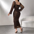European and american tk cross-border new arrival: leopard print mesh fabric printed square neck long sleeve ruffle hem dress