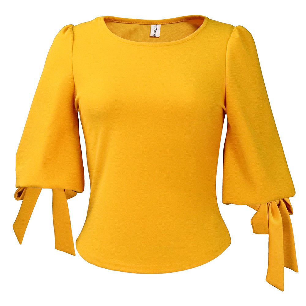 D338 european and american women's clothing  spring new fashion elegant slim-fit solid color tie-up puff sleeve top export blouse