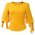 D338 european and american women's clothing  spring new fashion elegant slim-fit solid color tie-up puff sleeve top export blouse