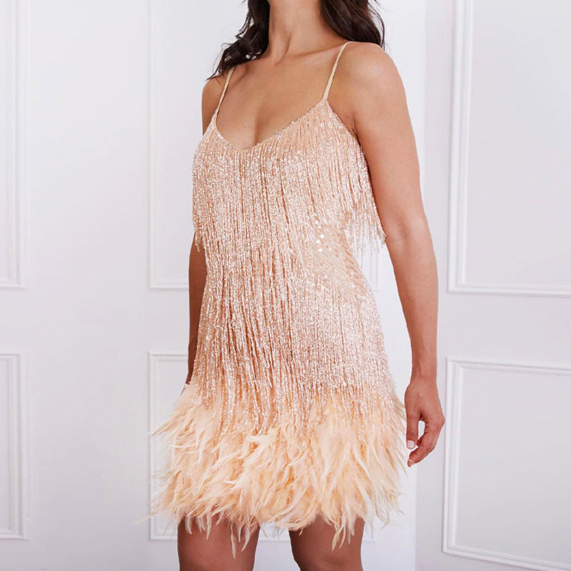 summer new fashion tassel sequin feather patchwork dress -  bestseller, ready to ship for women