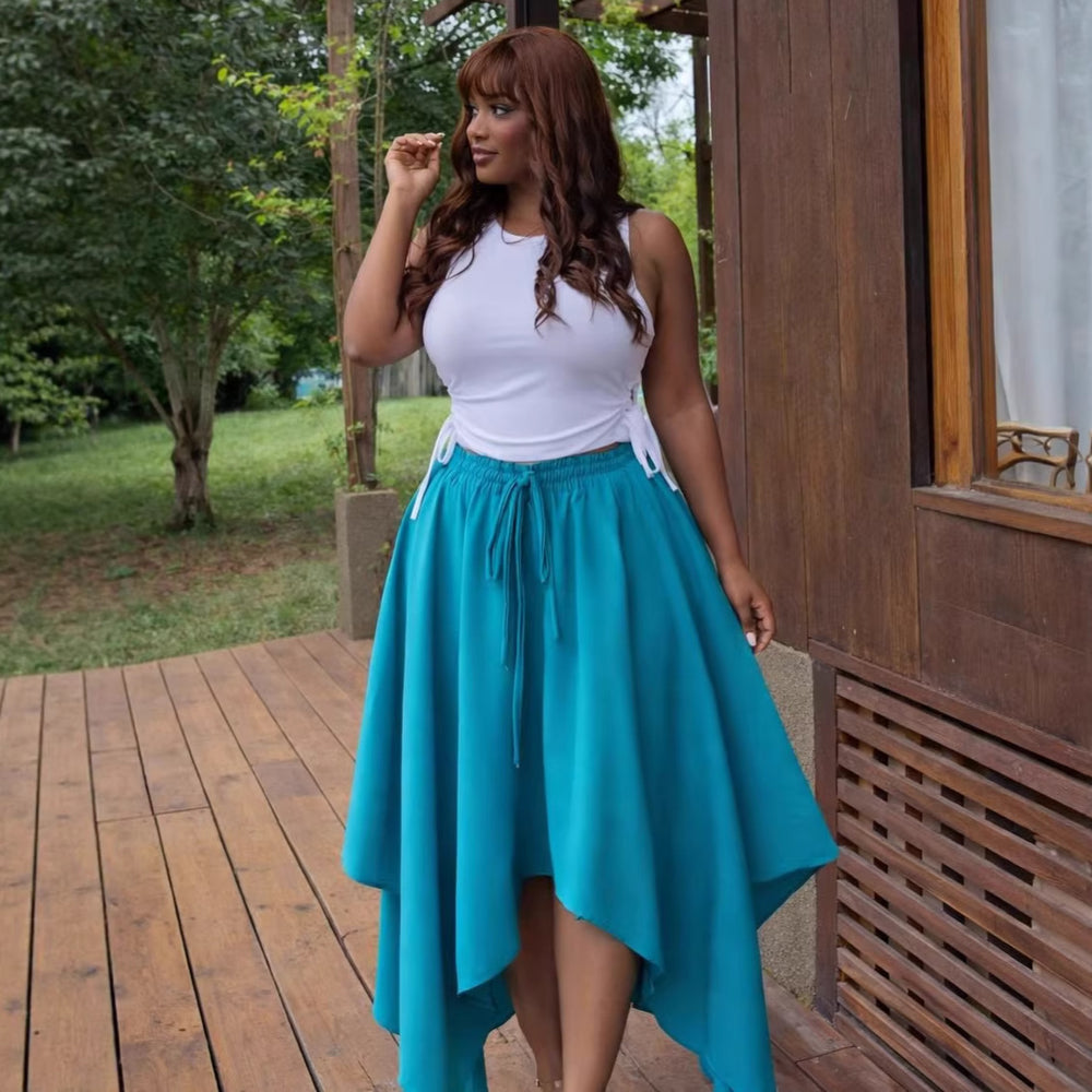 European and american cross-border women's clothing  summer new arrival: african-style plus size high-waisted asymmetrical tie-up midi skirt