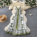Vacation style v neckprinting suspender pure desire dress women's summer waist slimming lookruffles sleeveless elegant long skirt
