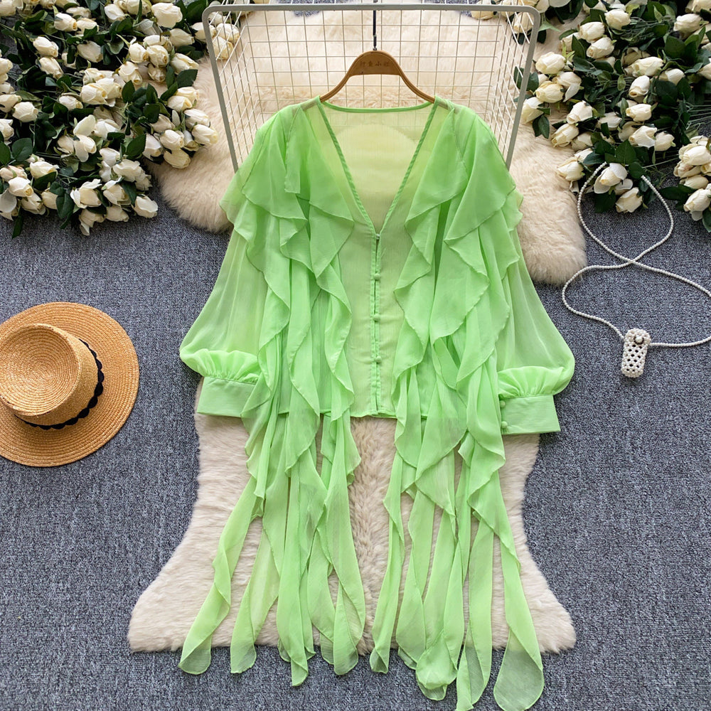 Frenchromantic style comfortable breathable rufflesshirt women's long sleevesloosecardiganslimming lookeasiest for matchwork clothingtops