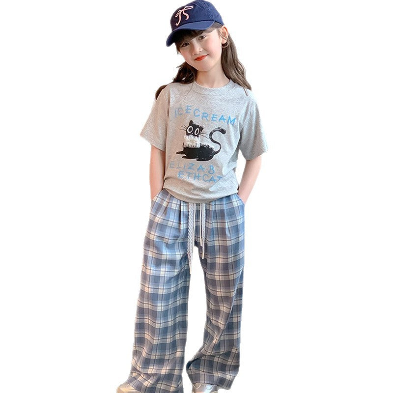 New girls' two-piece outfit: lightweight short-sleeve t-shirt set for summer  - stylish and casual for older girls