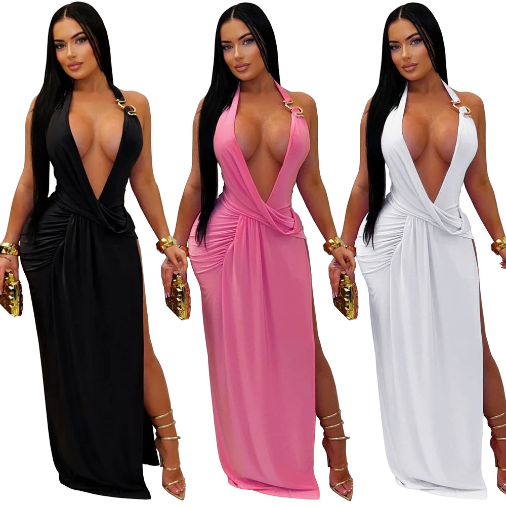 C7715 cross-border   fashion women's sexy deep v halter backless bodycon dress