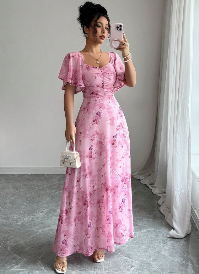 european and american  cross-border new french v-neck floral maxi dress with puff sleeves
