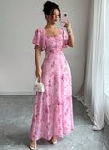 european and american  cross-border new french v-neck floral maxi dress with puff sleeves