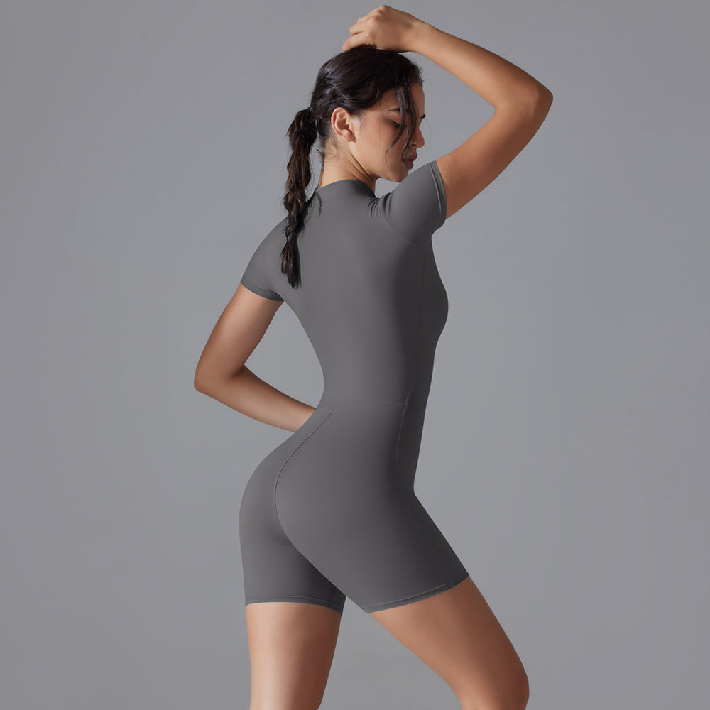 Naked all-in-one style yoga clothes half-open zipper short-sleeved fitness jumpsuit tight sports jumpsuit processing personalized