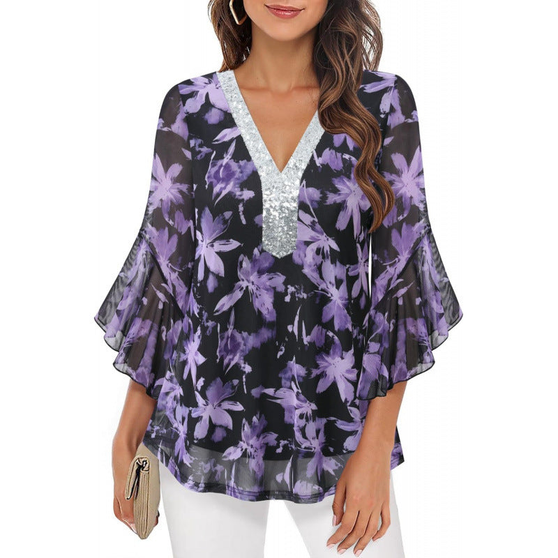 Amazon fashioneleganteleganceflowershirt women's  summer new ruffles sleeve v necktops
