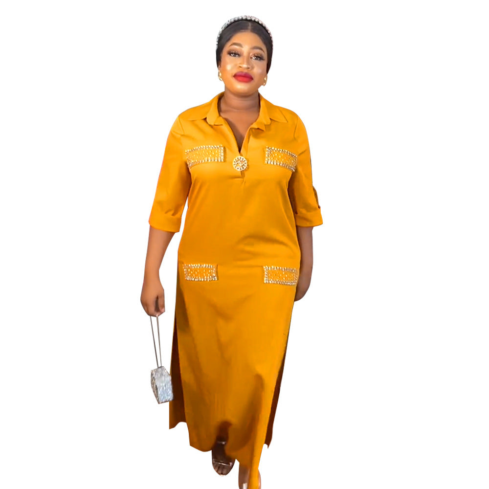 Aliexpress tiktok african women's new arrival shiny silk satin loose plus size dress with free butterfly brooch