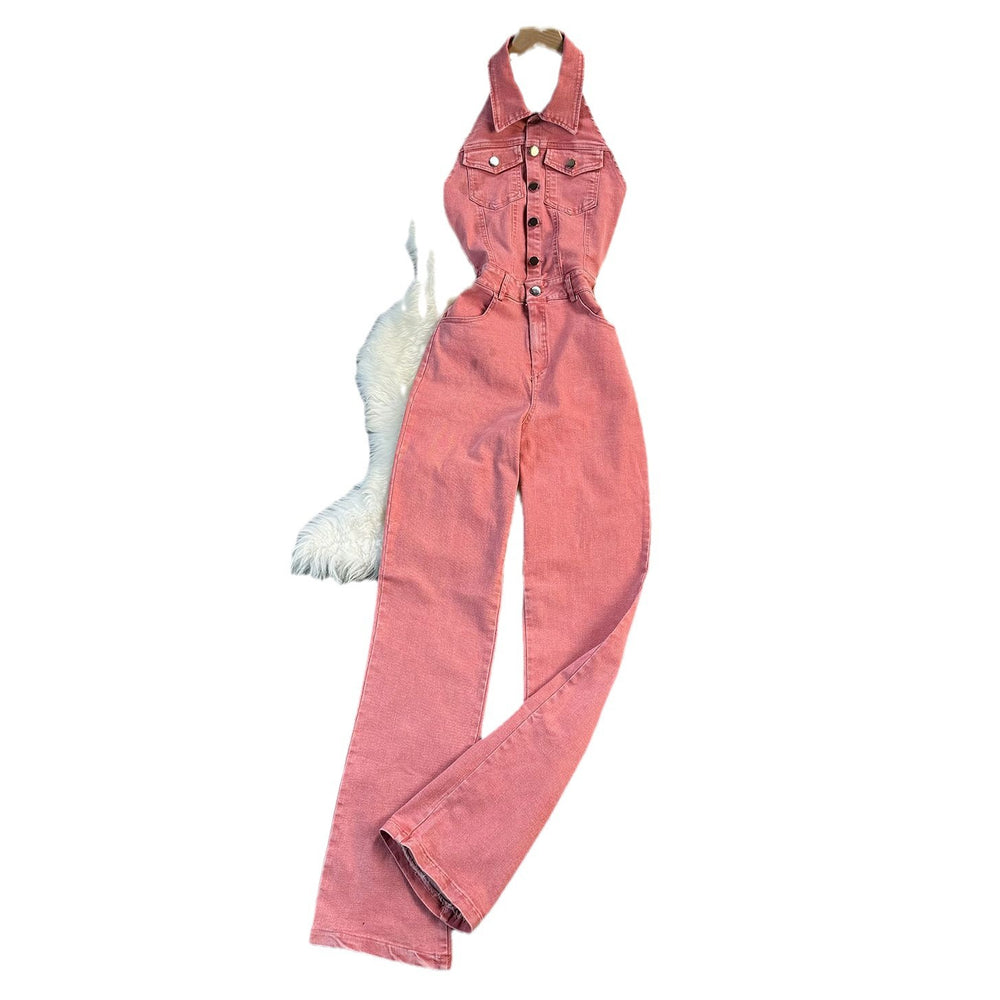 Summer denim jumpsuit for women, european and american style, elegant halter neck, sleeveless, open back, high waist, slimming and figure-flattering denim jumpsuit