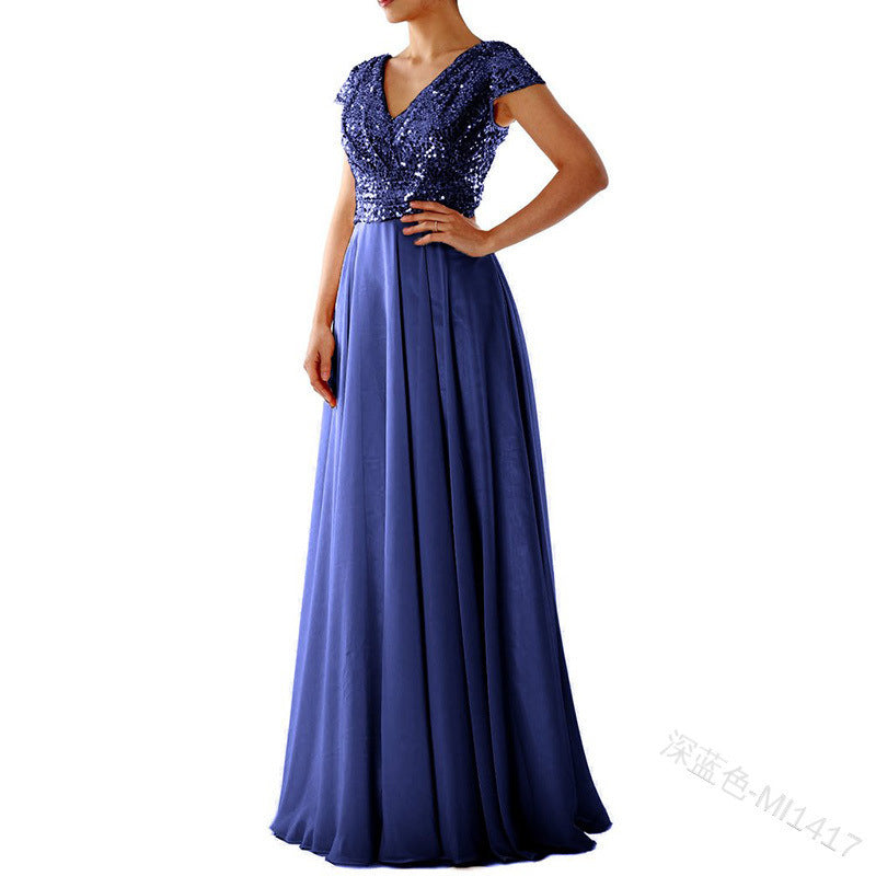 summer new arrival: women's foreign trade dress -  &  new v-neck sequin chiffon patchwork evening gown maxi dress