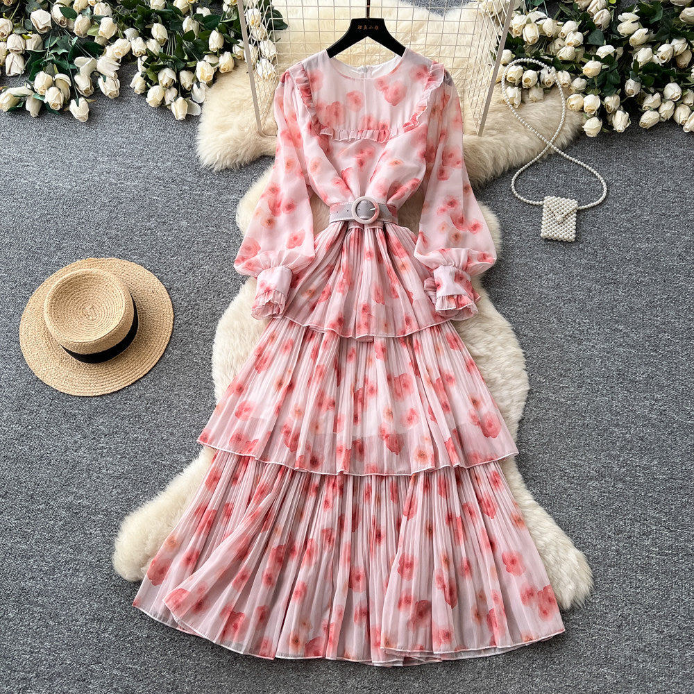 French romantic lantern sleeve printed dress - korean style, cinched waist, flowy maxi dress, high-end vacation vibe