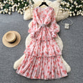 French romantic lantern sleeve printed dress - korean style, cinched waist, flowy maxi dress, high-end vacation vibe