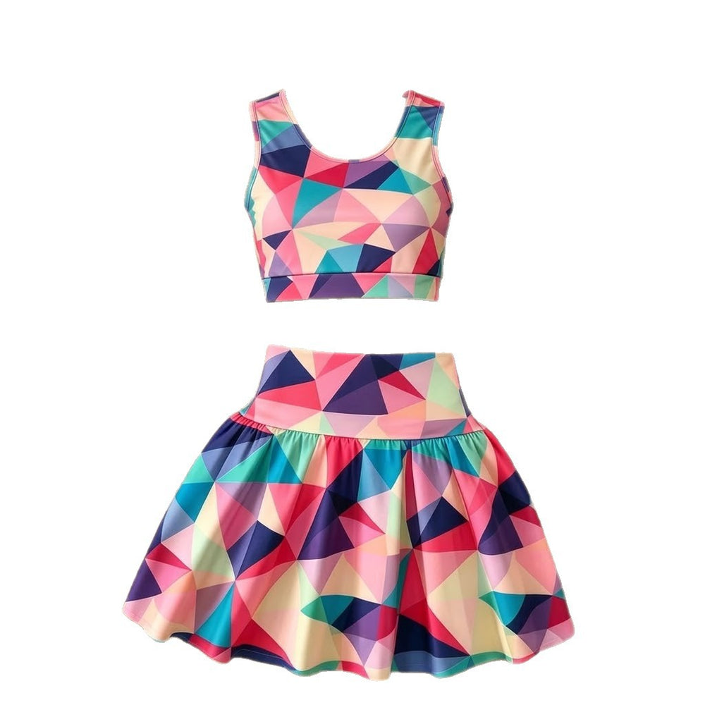 girls' activewear set: colorful geometric camo sleeveless tank top & high-waisted faux two-piece skirt - kids' two-piece outfit