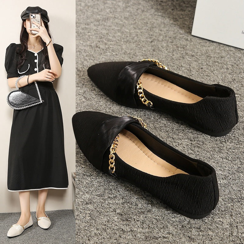 plus sizeflats pointed toe flats cloth surface metal chain shallow breath elegant small fragrant flatsflats wholesale