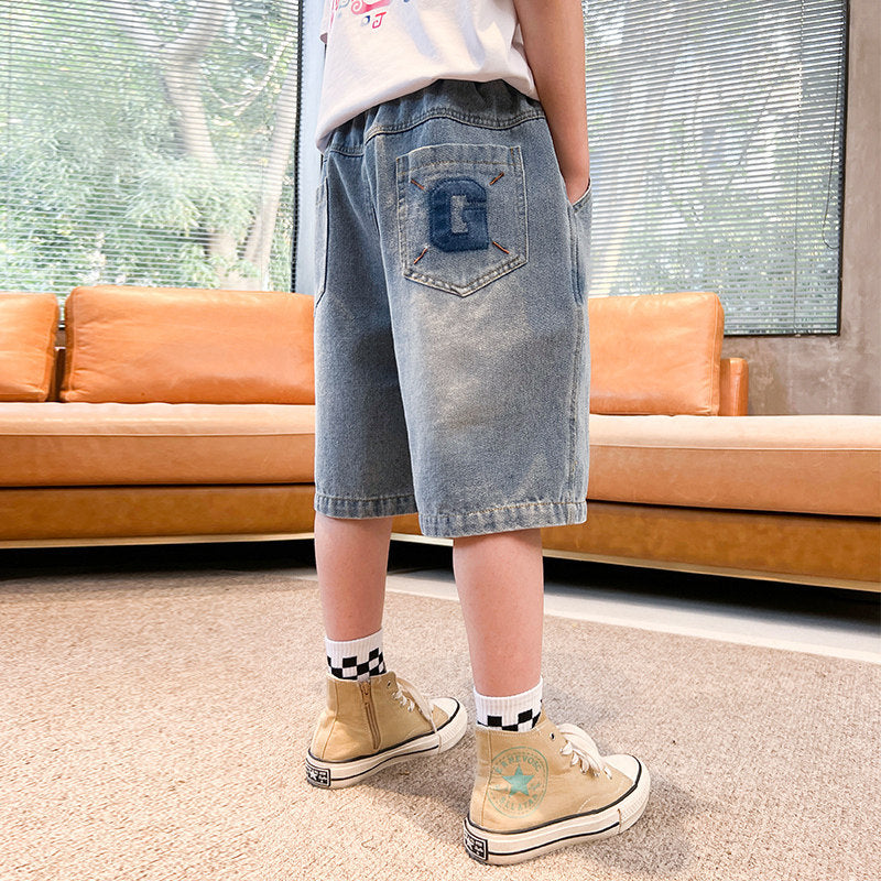 K-style loosekids denim half length pants summer breathable distressed washed shorts boys embroiderpocket white trendy