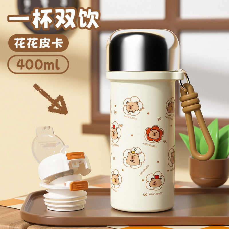 316 stainless steel high-style insulated tumbler - cute capybara design - kids' water bottle - portable handheld double-drink straw cup