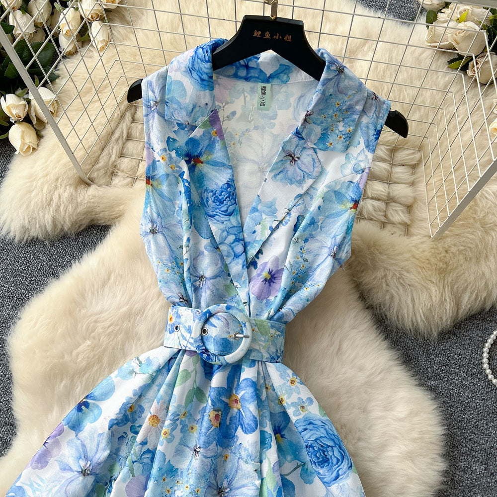 spring new arrival: european and american style elegant sleeveless midi dress with notch collar, cinched waist, and floral print