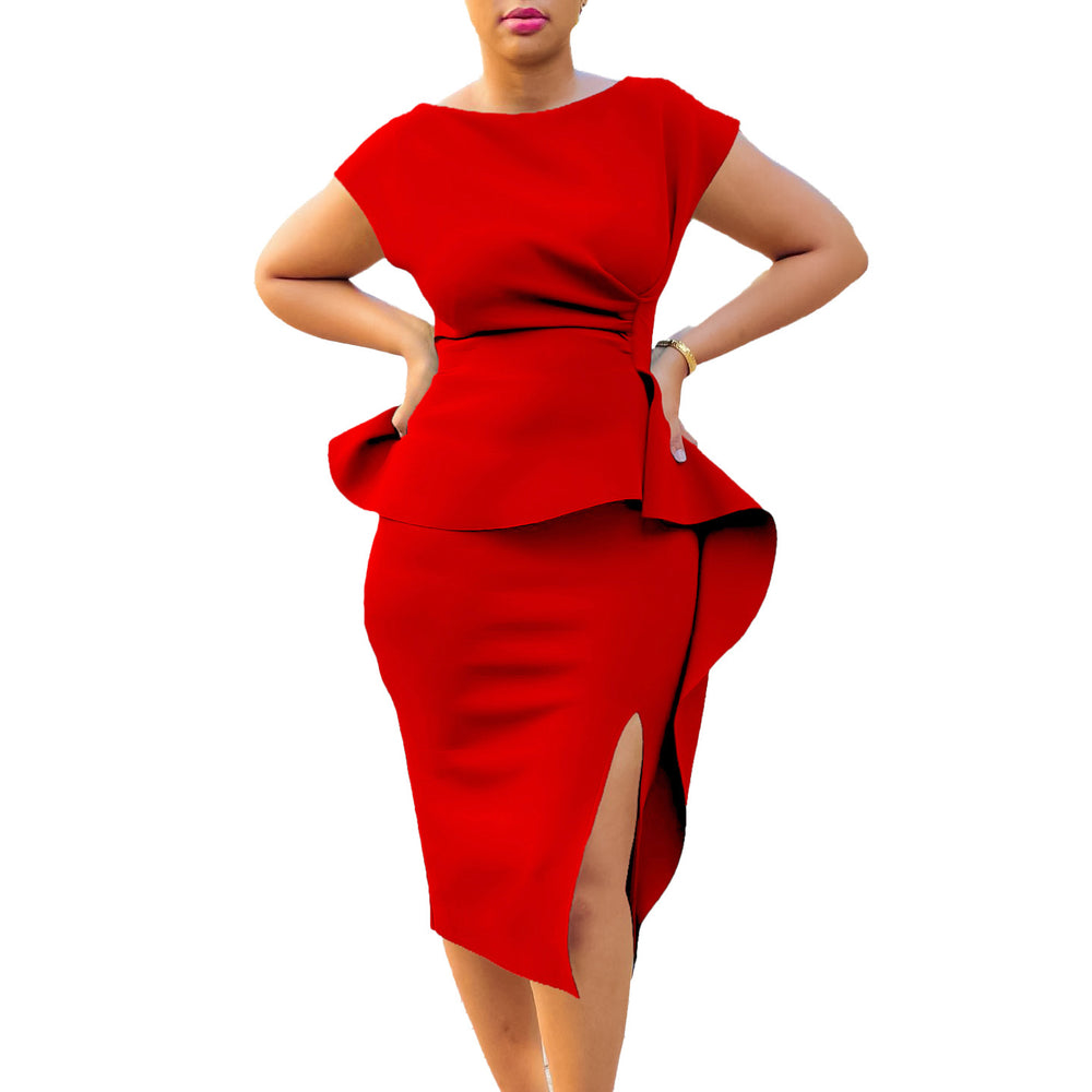 Q092  foreign trade women's v-neck solid color bodycon dress with ruffle hem and slit - professional european and american style