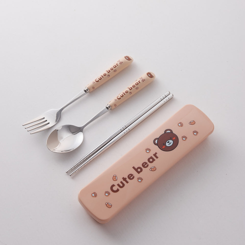 Cute stainless steel cutlery set with stylish ceramic handles - portable student dinnerware, kids' chopsticks and spoon set