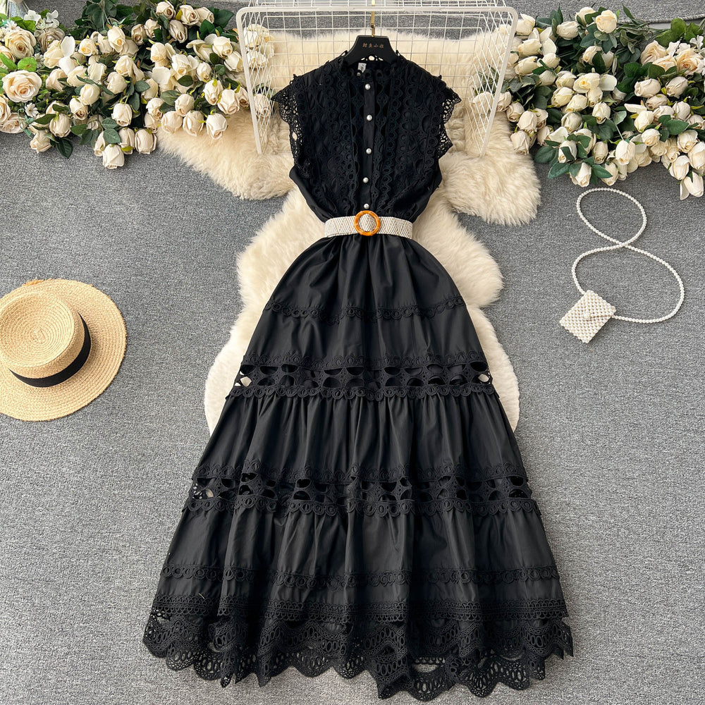 Palace retrofrenchlong dress women's fashionelegancecut outlacepatchwork sleeveless waist swing dress