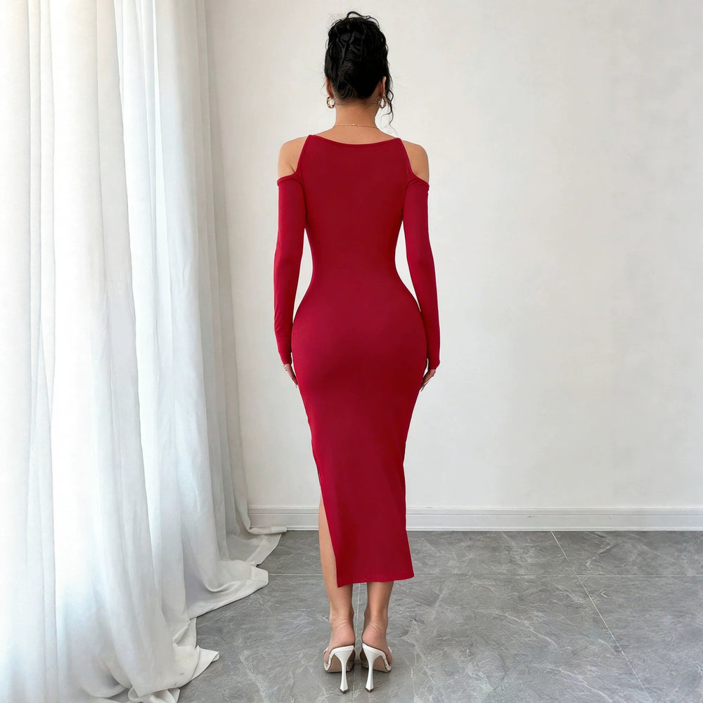 fashionclassy off-shoulder dress silmslimming look slit hip-covering long sleeves banquet dress mid-length skirt