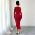fashionclassy off-shoulder dress silmslimming look slit hip-covering long sleeves banquet dress mid-length skirt